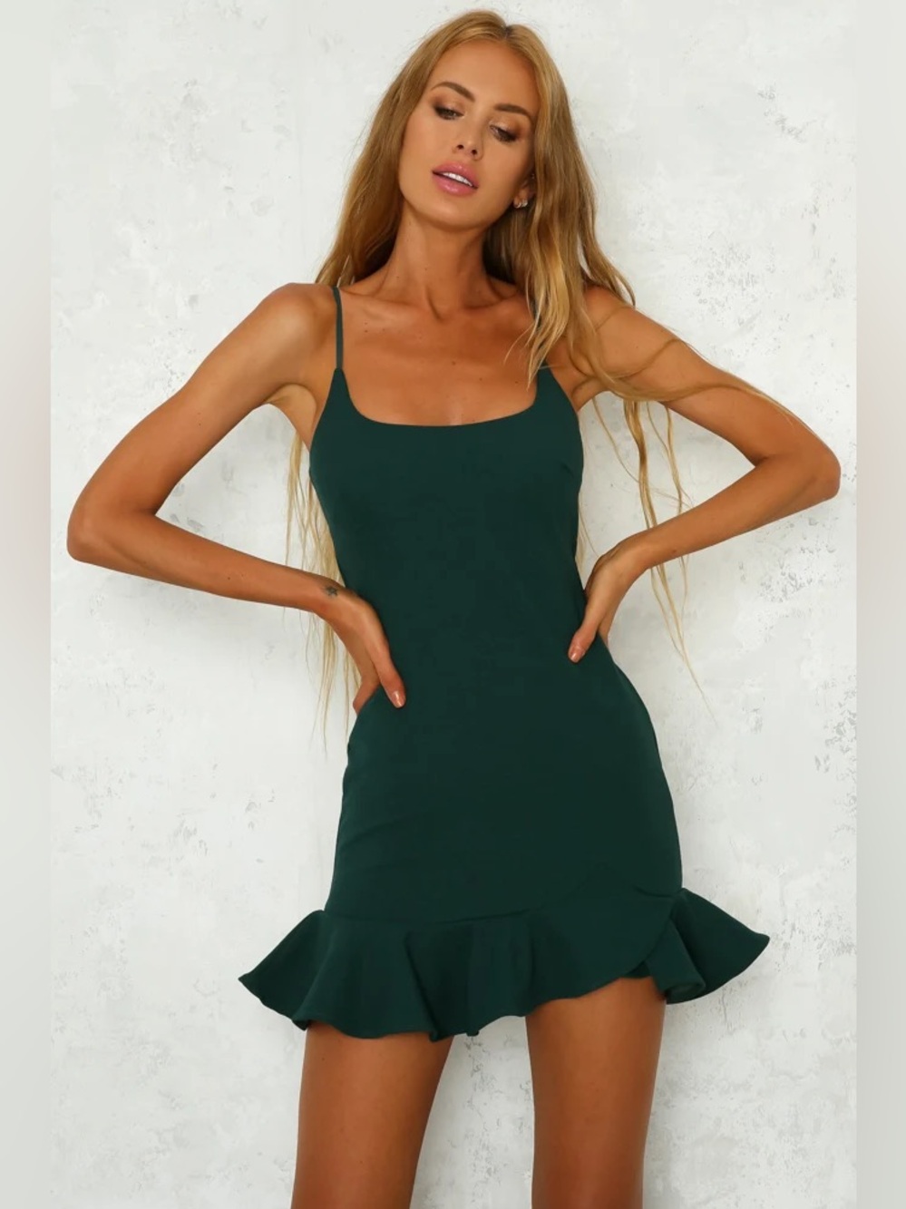Hello Molly Dark Green Ruffle-Hem Spaghetti Strap Dress